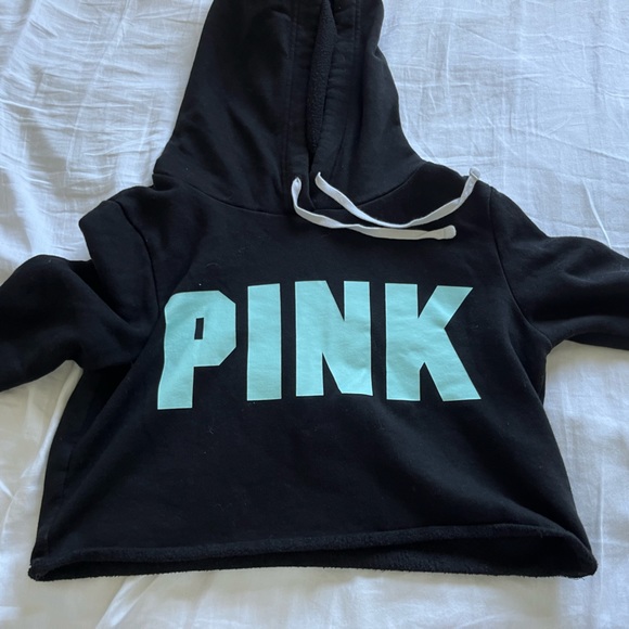 PINK Victoria’s Secret cropped black hoodie with blue writing - Picture 3 of 4